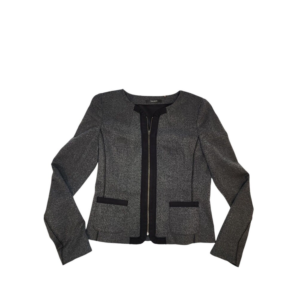 Tahari Gray Black Two Tone Shawl Lapel Zip Rayon Blend Lined Blazer Jacket Sz 6